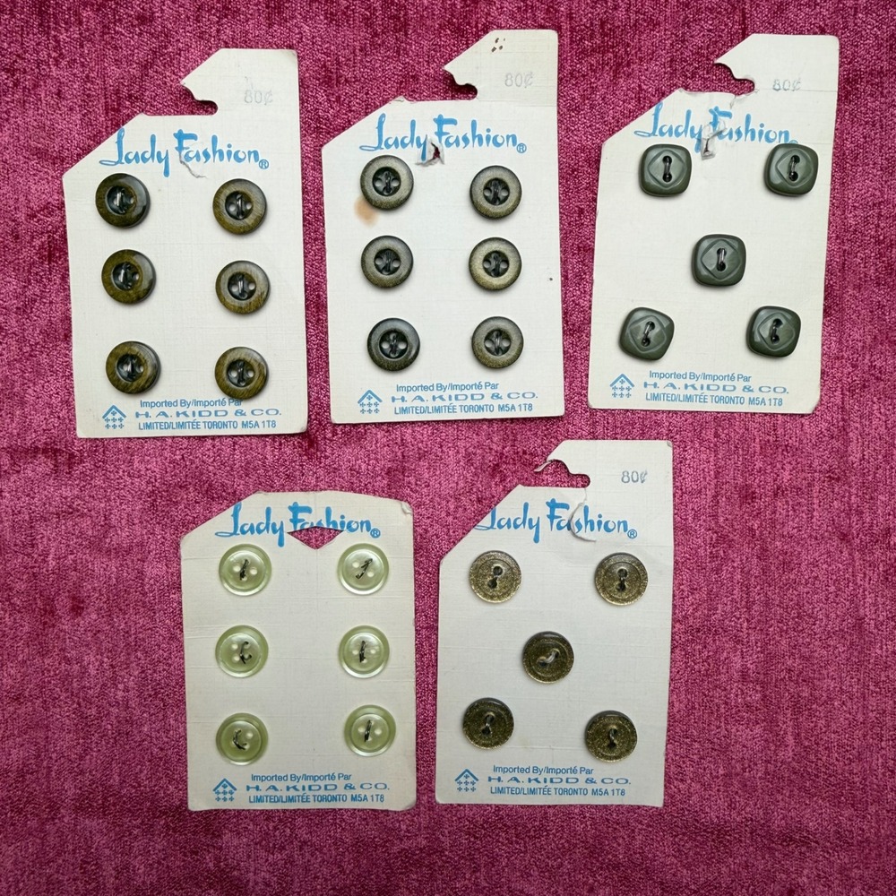 Lady Fashion Vintage Buttons Lot 5 Cards‎ Gold Glitter Olive Green Retro MCM OS